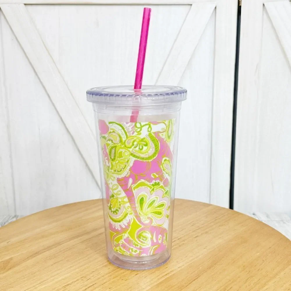 Lilly Pulitzer Elephants Acrylic Tumbler‎ Cup Pink Green 20oz Lid Straw